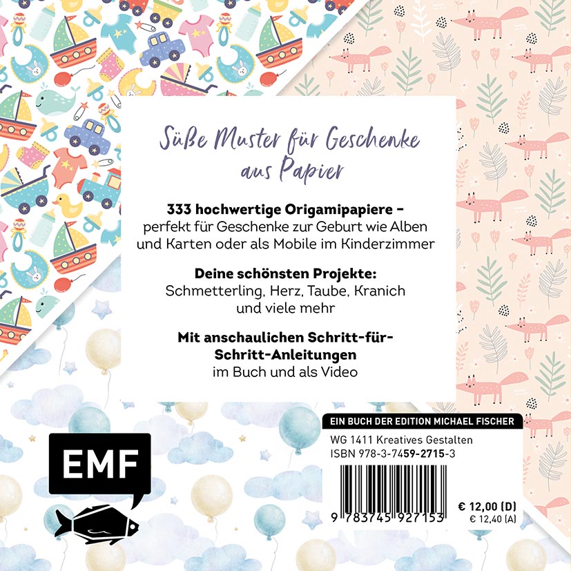 Rückseitencover 333 Origami – Hallo Baby – Niedliche Papiere zum Basteln von Mobiles, Alben, Karten