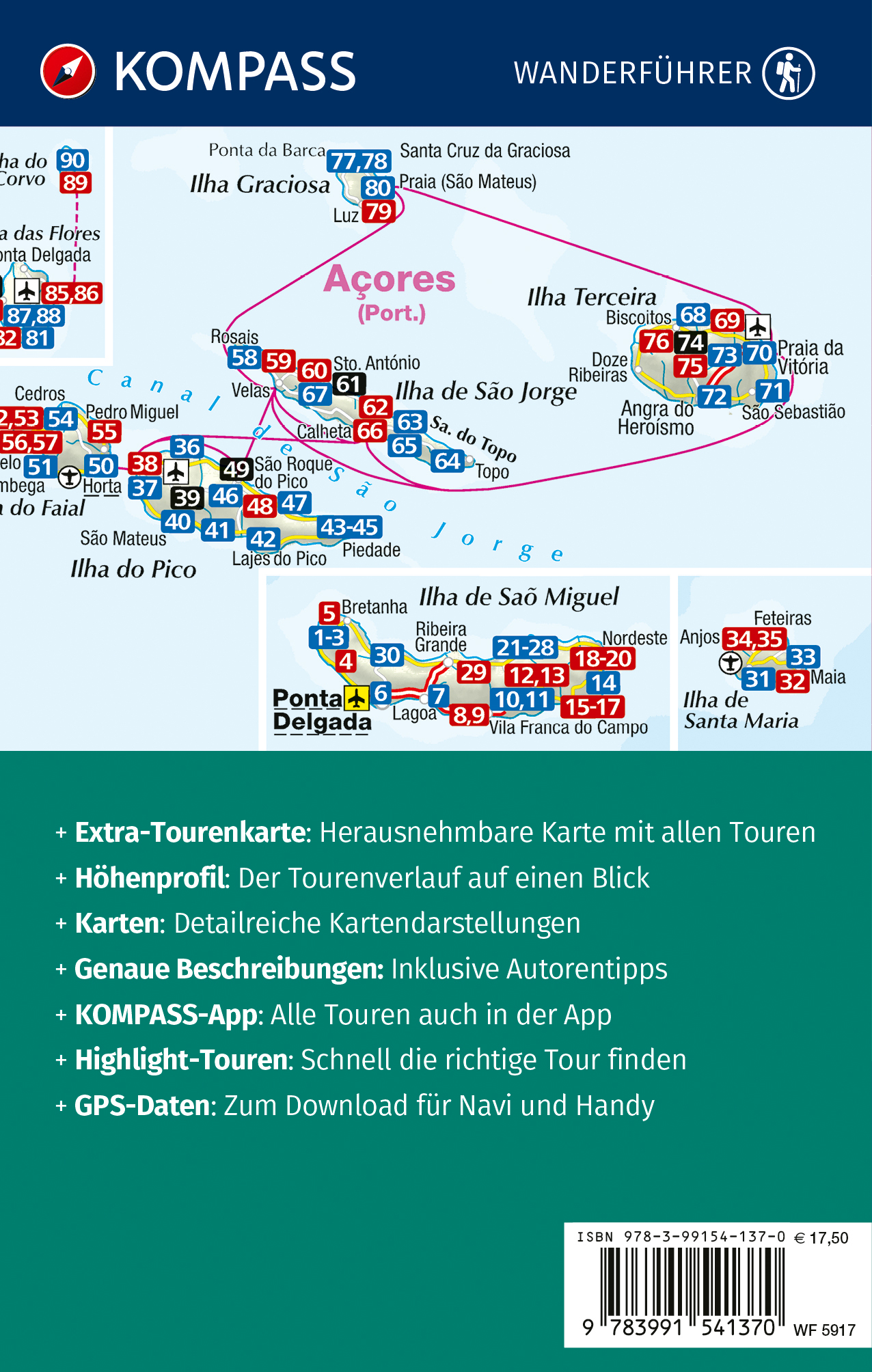 Rückseitencover KOMPASS Wanderführer Azoren, 90 Touren mit Extra-Tourenkarte