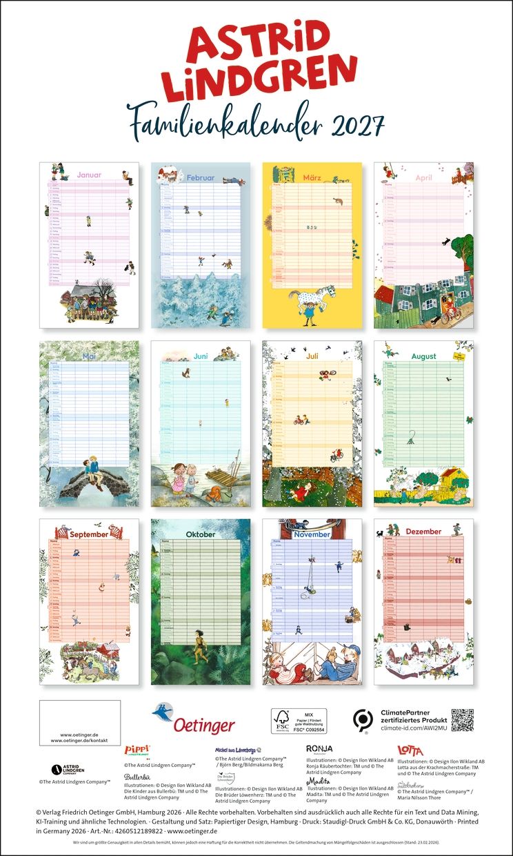 Rückseitencover Astrid Lindgren Familienkalender 2027