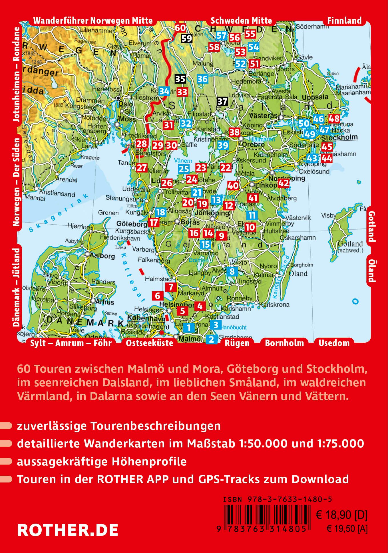 Rückseitencover ROTHER Wanderführer Schweden: Der Süden. 60 Touren von Skåne, Småland und Värmland über Stockholm bis Dalarna