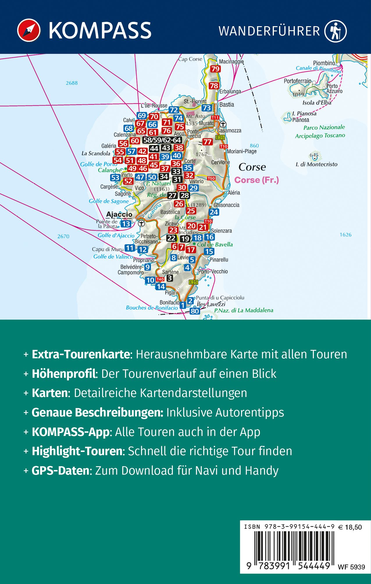 Rückseitencover KOMPASS Wanderführer Korsika, 80 Touren mit Extra-Tourenkarte