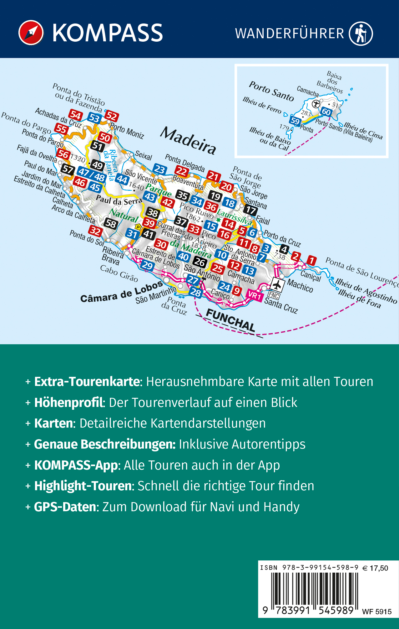 Rückseitencover KOMPASS Wanderführer Madeira mit Porto Santo, 60 Touren mit Extra-Tourenkarte