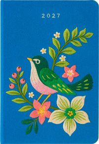 Vorderes Coverbild Taschenkalender A6 2027: Vogel und Blüten, bestickt, blau