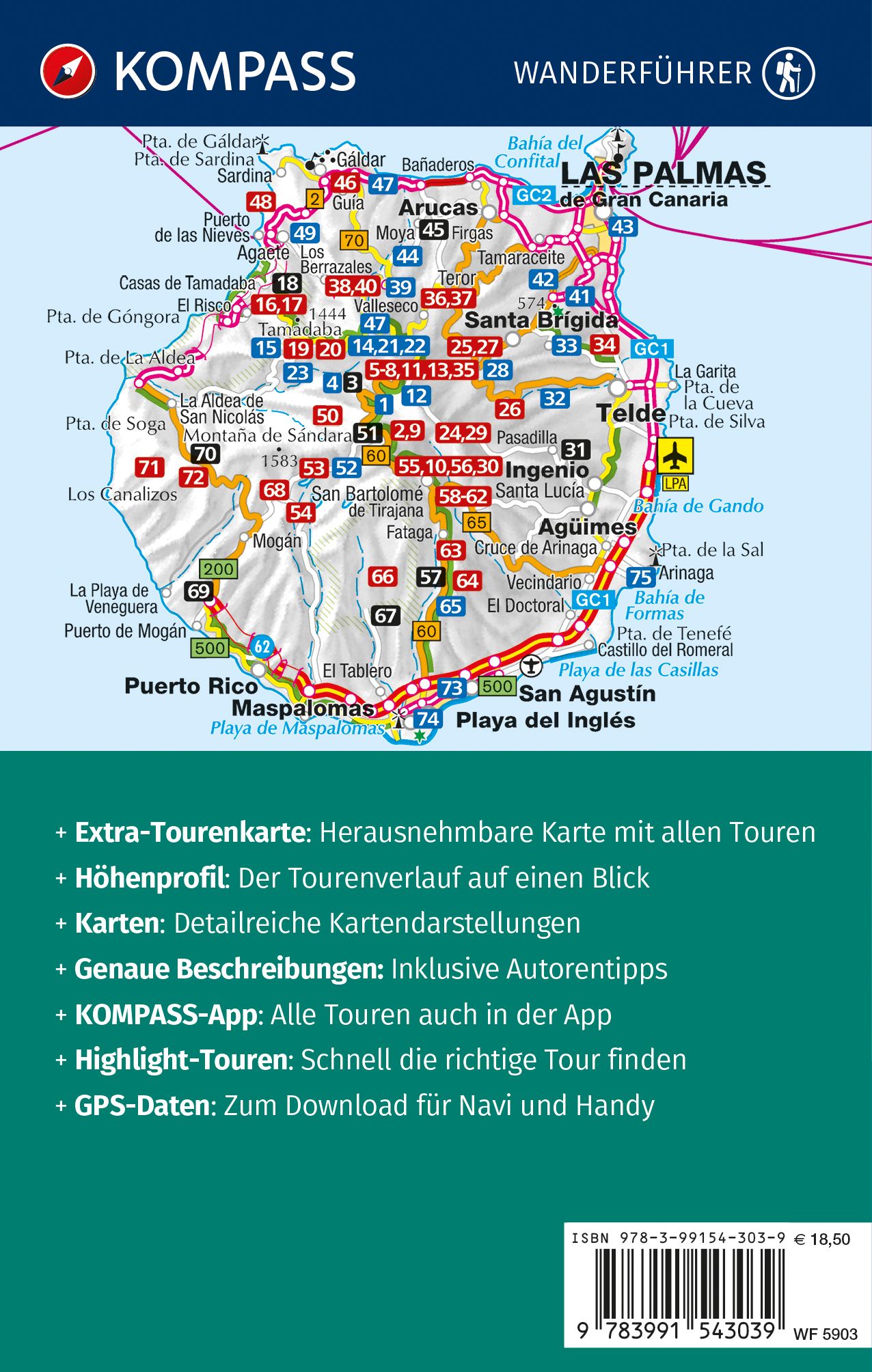 Rückseitencover KOMPASS Wanderführer Gran Canaria, 75 Touren mit Extra-Tourenkarte